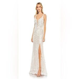 Mac Duggal 11331 Plunging Neck 3D Lace Dress Ivory Size 2  REDUCED ROCK BOTTOM